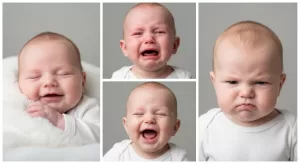 Mãe cansada, mas carinhosa, observando seu bebê que não dorme no berço, refletindo sobre o temperamento da criança