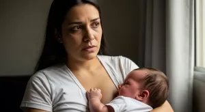 Bebê briga com o peito e chora