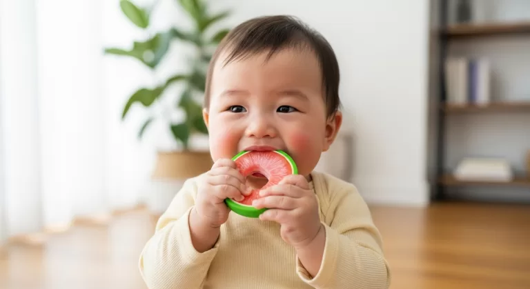 Dente de bebê nascendo - mãe oferece um mordedor frio para seu filho que está com a mão na boca