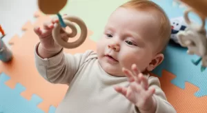 Mãe acalmanda seu bebê irritado durante a crise do salto dos 3 meses.