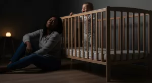 Bebê acorda de madrugada e só quer colo enquanto pai ou mãe olha para o berço com cansaço.
