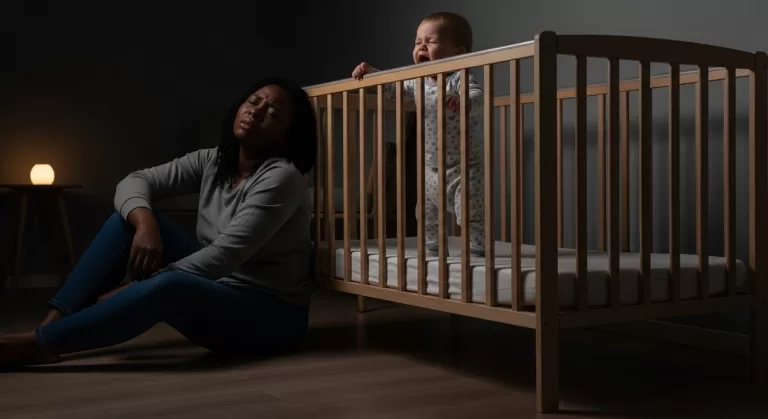 Bebê acorda de madrugada e só quer colo enquanto pai ou mãe olha para o berço com cansaço.